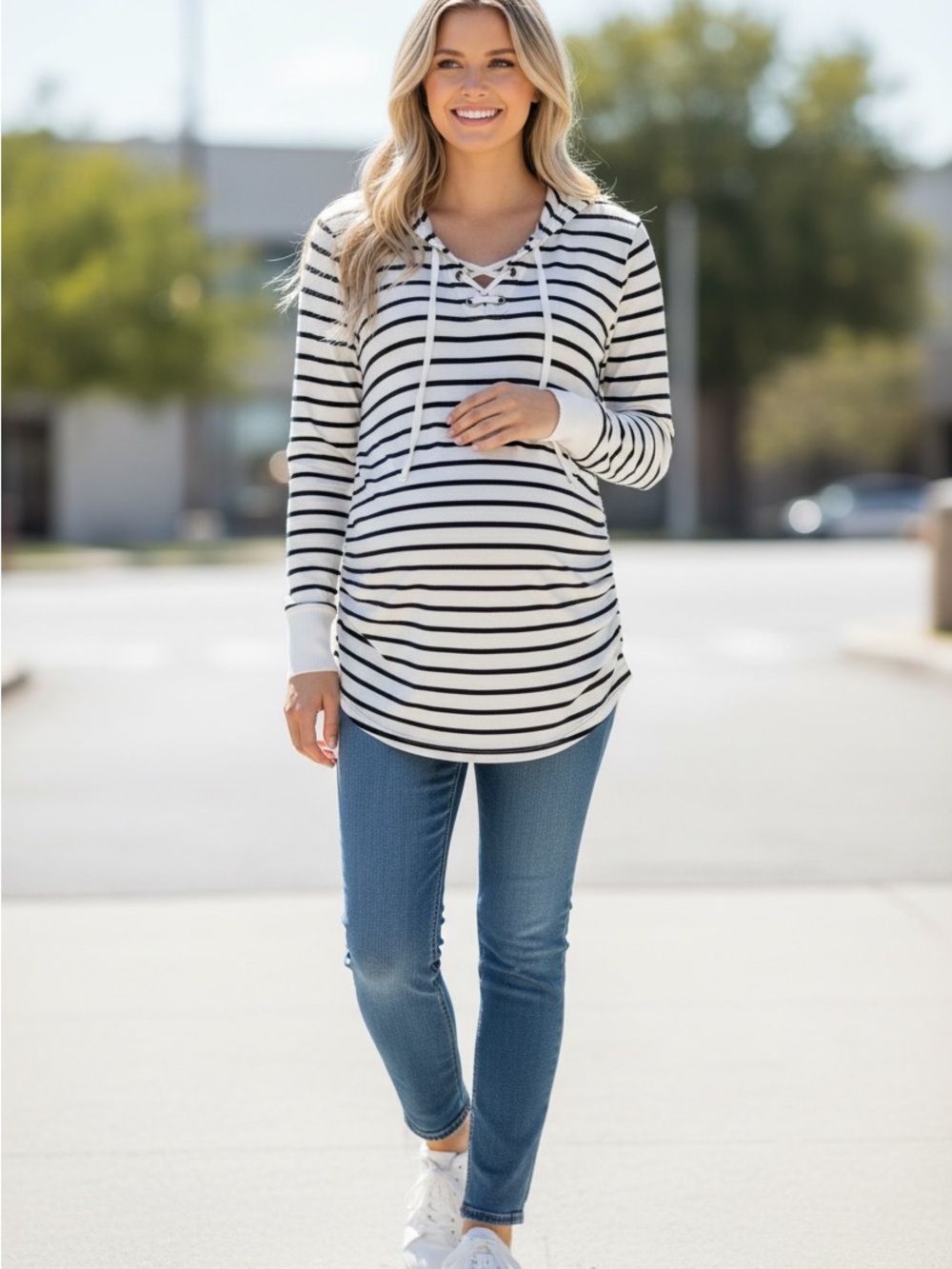 Isabel Maternity by Ingrid & Isabel Black and White Striped Lace-Up Hoodie